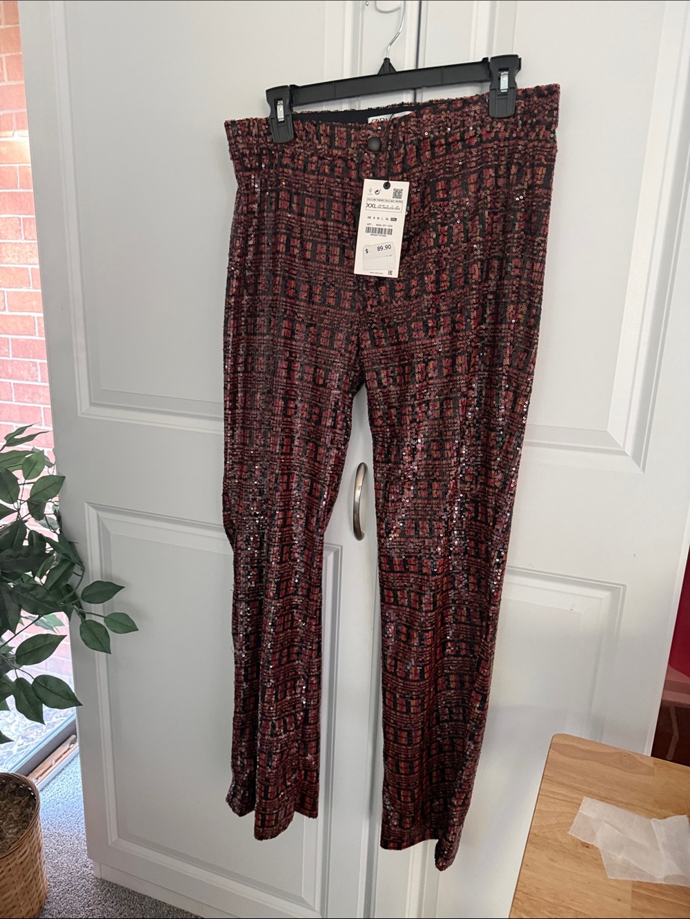 Zara Red and Black Sequined Pattern Pants
